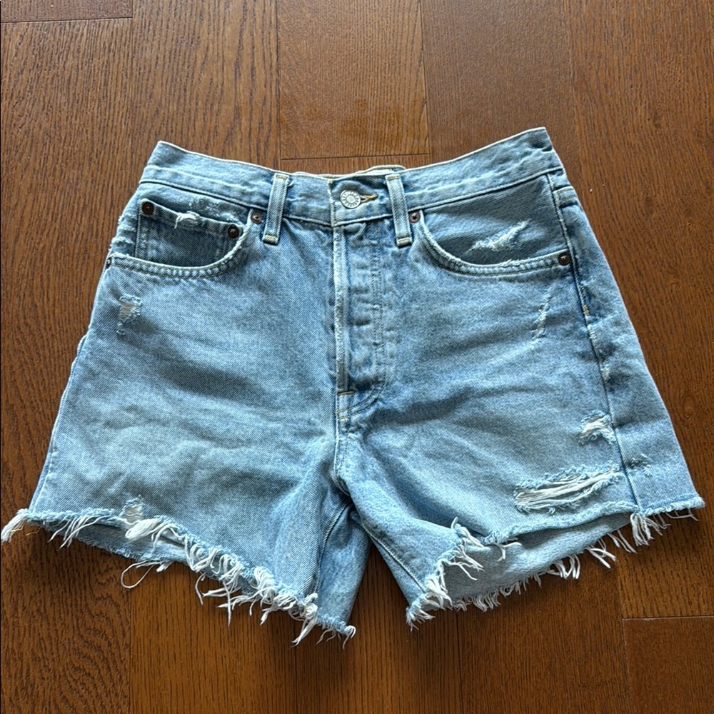 Agolde Parker Long Blue Distressed Jean Shorts High-Waisted